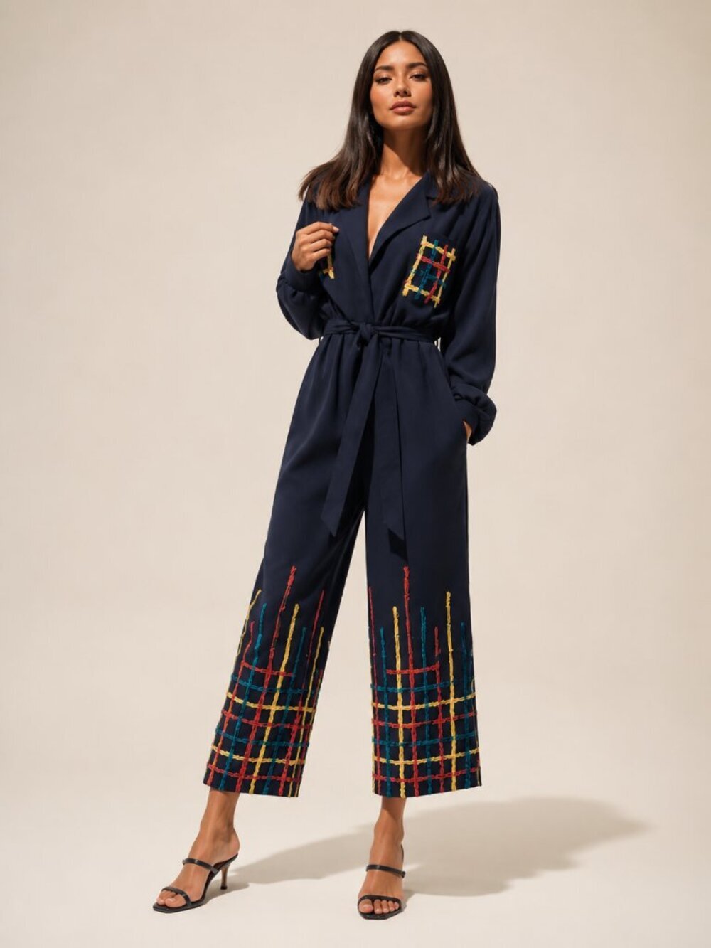 All Things Mochi Navy Embroidered Long Sleeve Jumpsuit